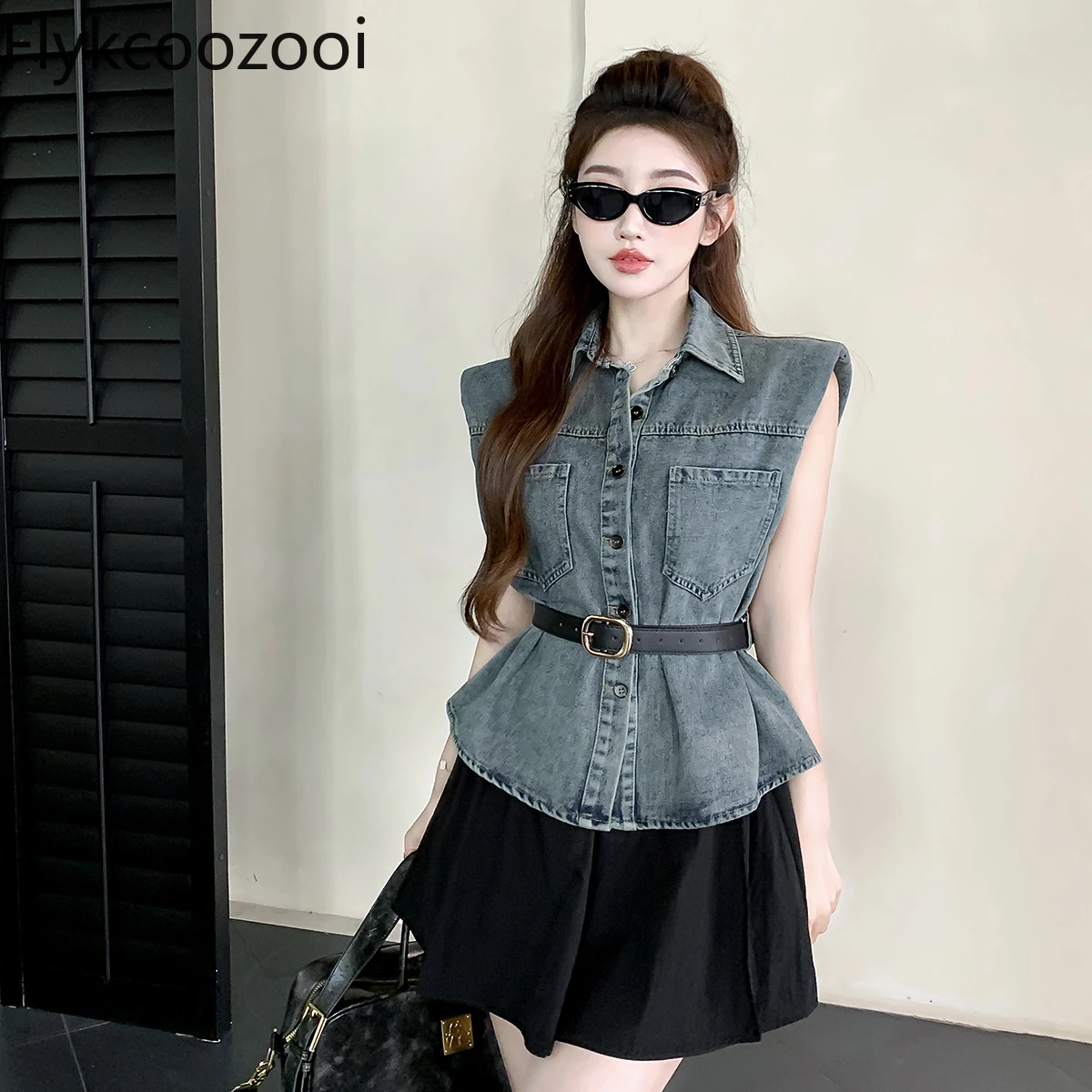 Polo Collar All Match Slim Single Breasted Style Denim Vest + Elastic Waist Pommel Skirt Suit 2 Piece Sets Womens Outfits