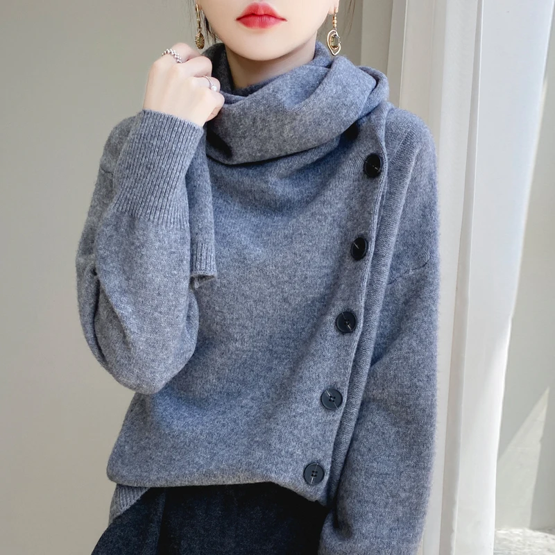 2023 Autumn/Winter New Women\'s 100% Wool Cashmere Sweater Scarf Tie Button Pullover Loose Korean Fashion Knitted Women\'s Top