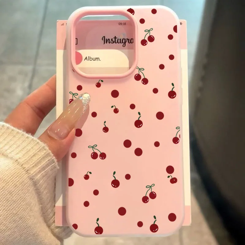 حافظة هاتف كرز صغيرة باللون الوردي لهاتف آيفون 17 برو ماكس اير 16 15 14 13 12 11 برو ماكس XS X XR 7 8 Plus 16E أغطية جيلي #4