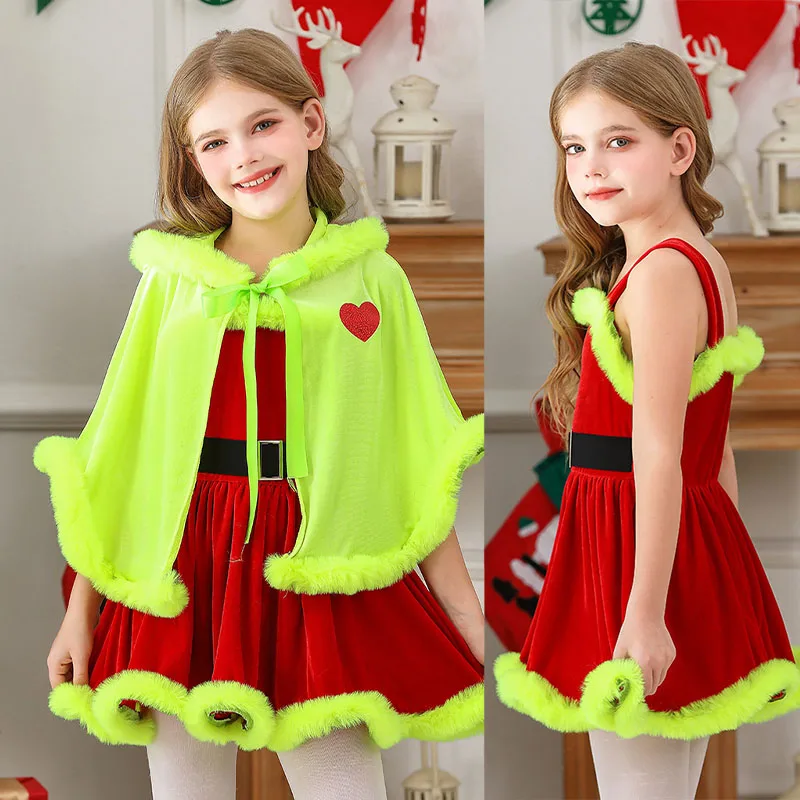 

Chirmas Girls Red Green Velvet Dress Cape Cloak Party Christmas Costumes Winter Warm Cosplay Santa Claus Fancy Dress Shawl