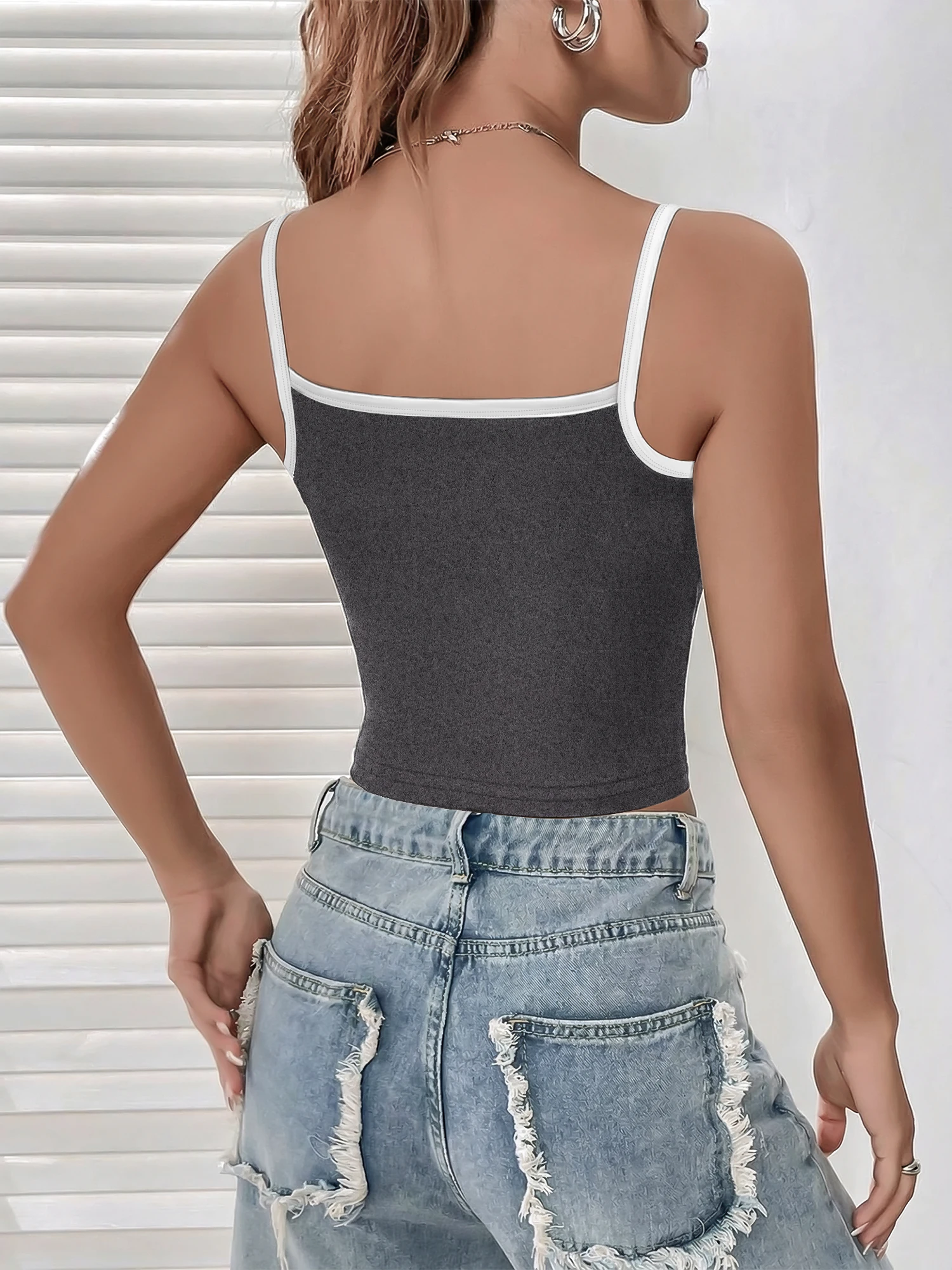 2026 Summer Women Contrast Binding Crop Camisole Slim Spaghetti Strap Sleeveless Tank Top Streetwear Y2K Vest