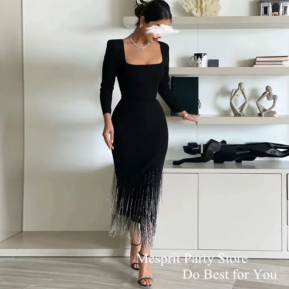 2024 Cocktail Dress Party Gown for Weddings Square Neck Long Sleeve Beading Mermaid Black Evening Dress Saud Arabian