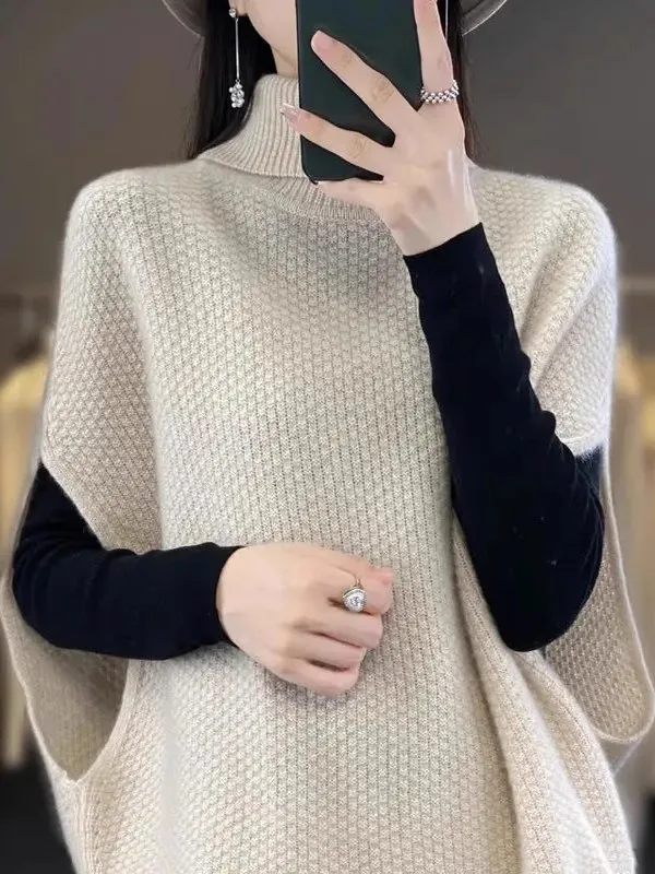 

Женский свободный свитер с высоким воротником Batwing Sve, жилет, весенне-осенняя верхняя одежда, удобный вязаный кардиган, модный повседневный...