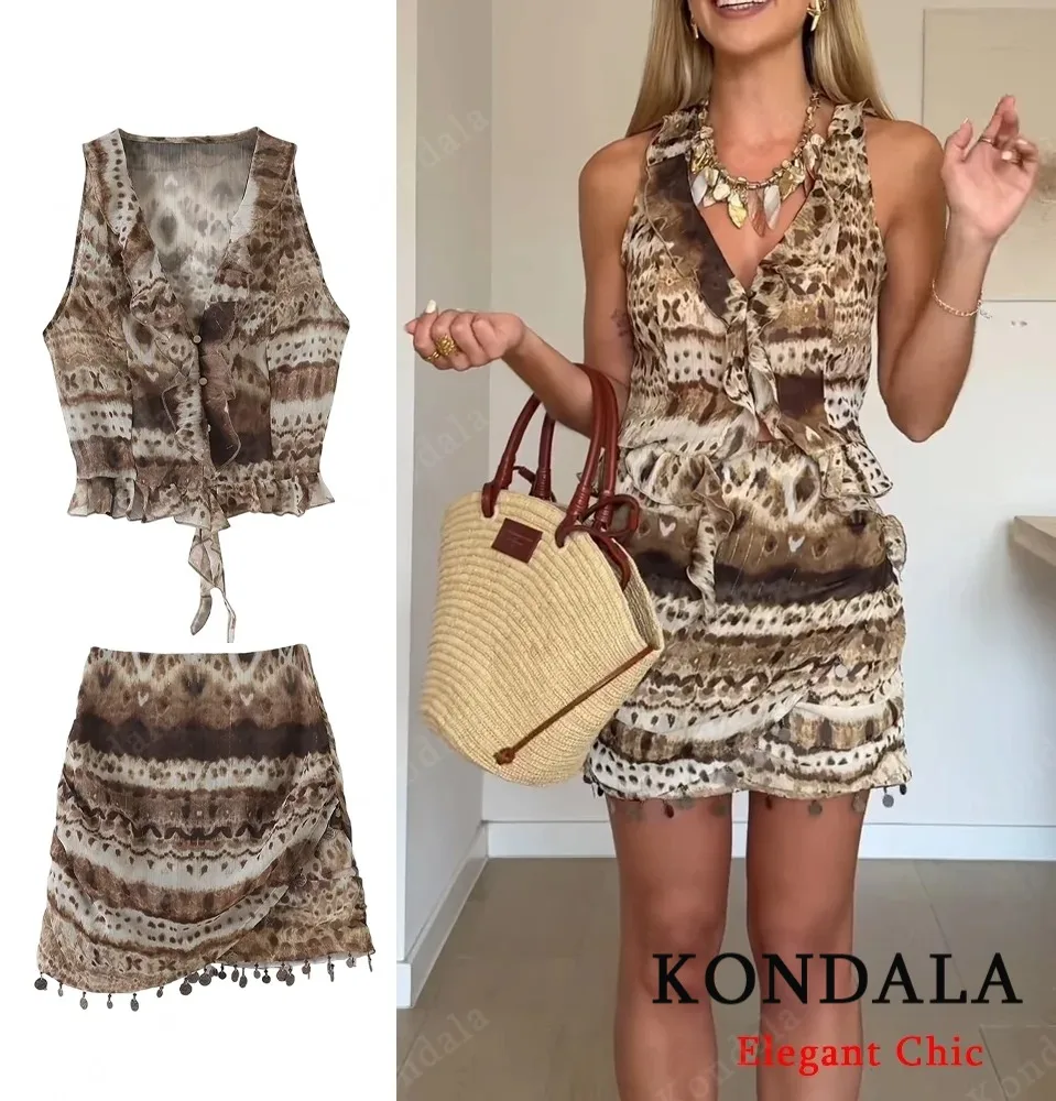 KONDALA Fall Women Vintage Print Skirt Set V-Neck Ruffle Edge Vest Or Mini Skirt 2025 Summer Fashion High Street Holidays Set
