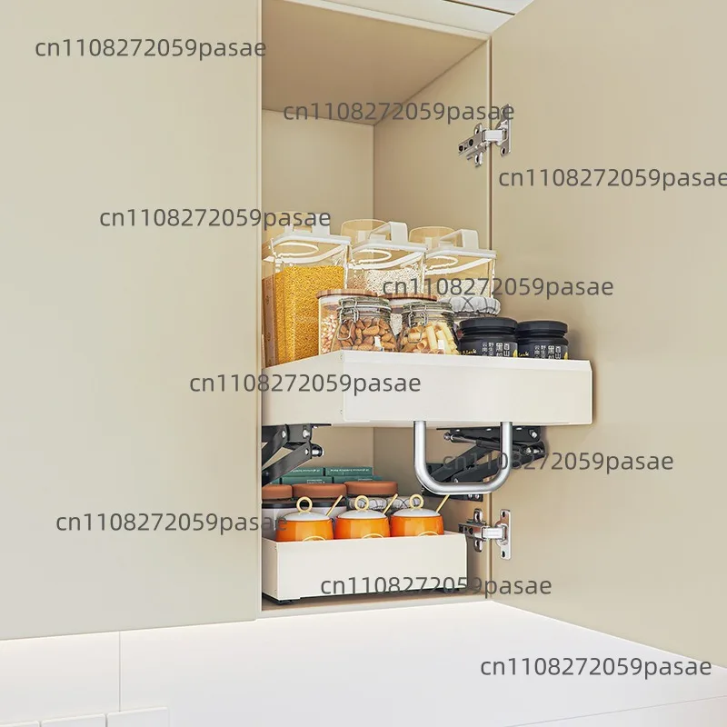 Pull-down Shelf for Kitchen Cabinets, Pull-out Spice Rack for Upper Kitchen Cabinets, and Storage Bins for Pull-out Baskets
