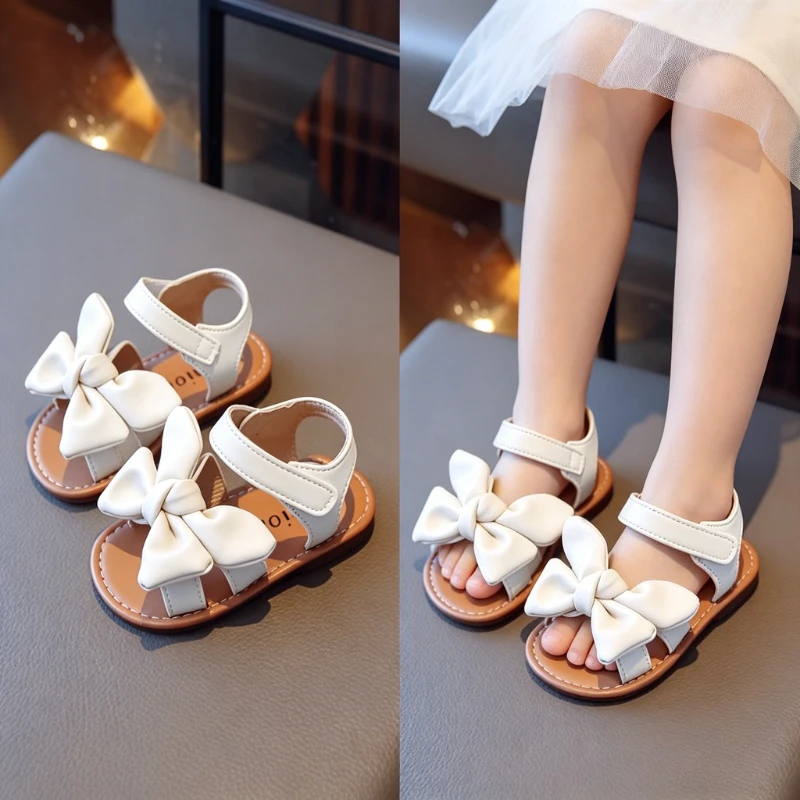Summer Girls Hollow Out Sandals Simple Solid Color Kids Beach Flat Sandals Baby Princess Children's Open-toe Sandals with Bow