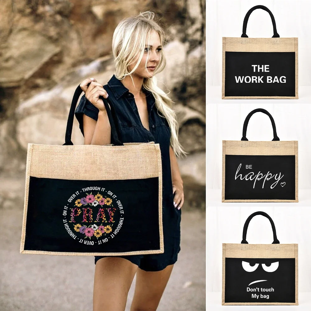 

Tote Bag Reusable Jute Shopping Bag Large Capacity Linen Grocery Bags Text Series Beach Vintage Imitation Sacks Handbags