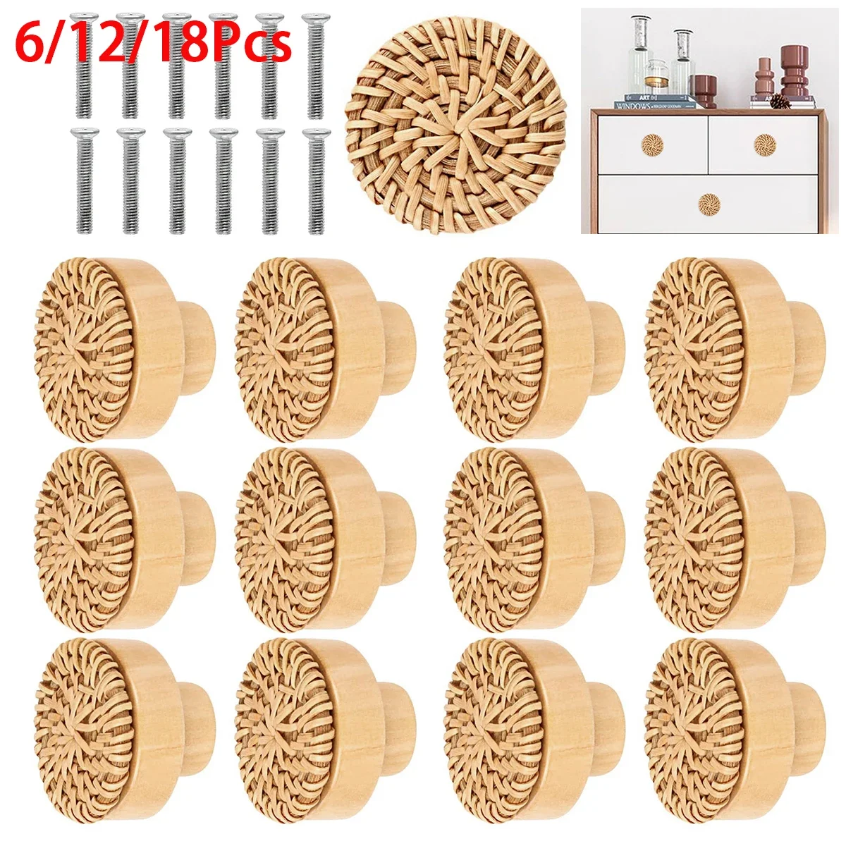 6/12Pcs Rattan Handles Furniture Cabinet Knobs Vintage Dresser Pulls Handmade Woven Kitchen Handles Drawer Knobs Cupboard Handle