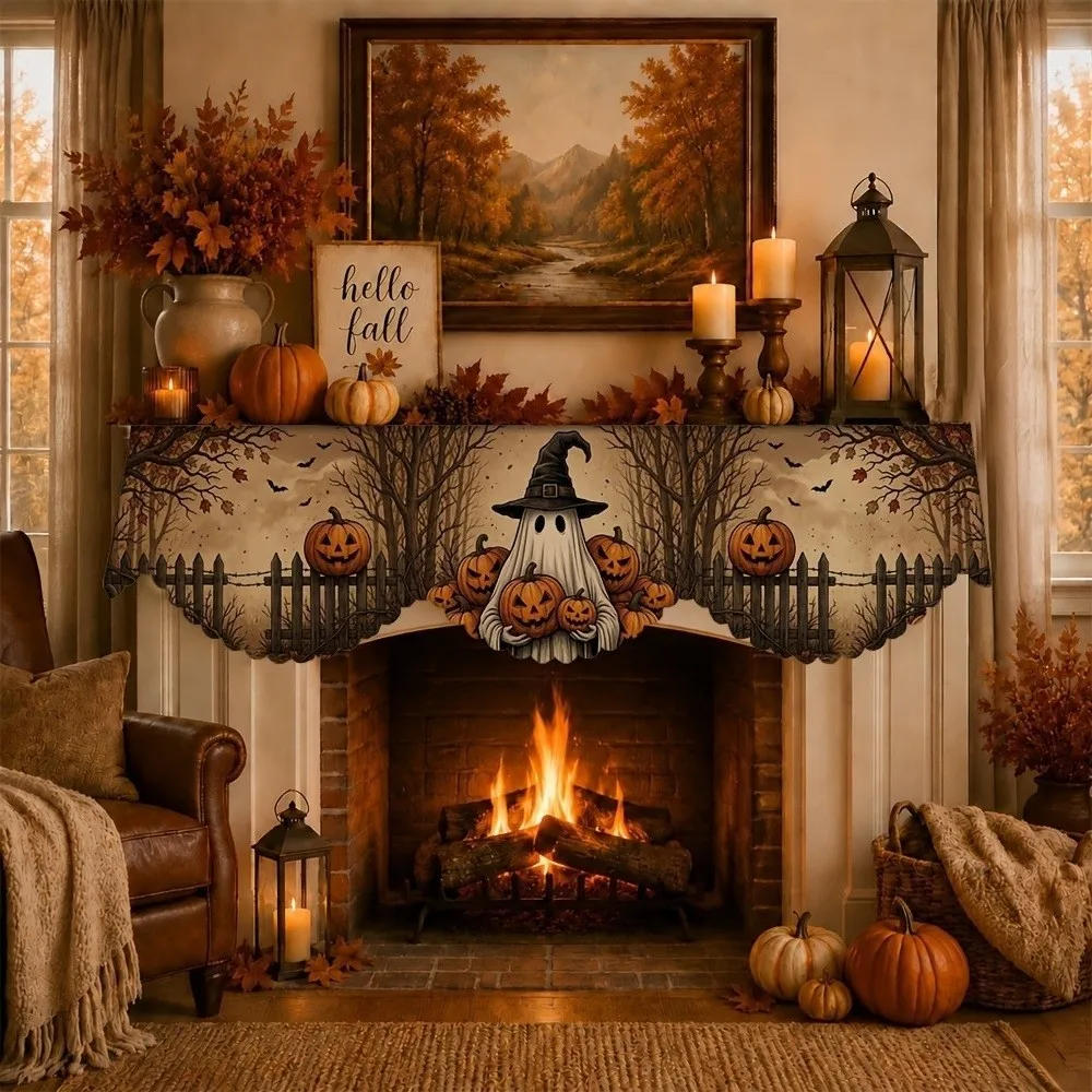 Scalloped Edge Halloween Mantel Scarf Haunted House Autumn Pattern Fireplace Shelf Cover Cute Ghost Country-Style