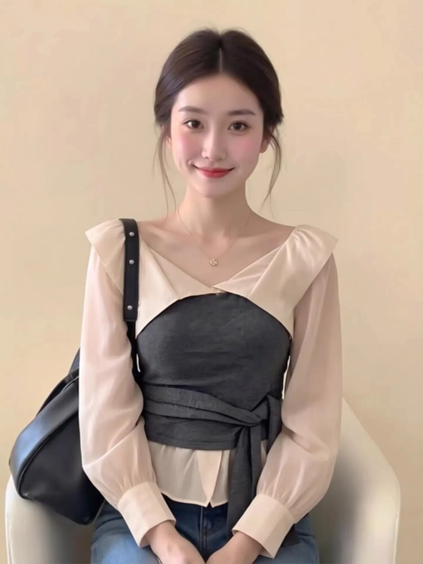 

Gray Korean Style Long Sleeve Shoulder Bared Women's Shirt Early Spring New Design Slim Fit Fashionable Age Reduction Top