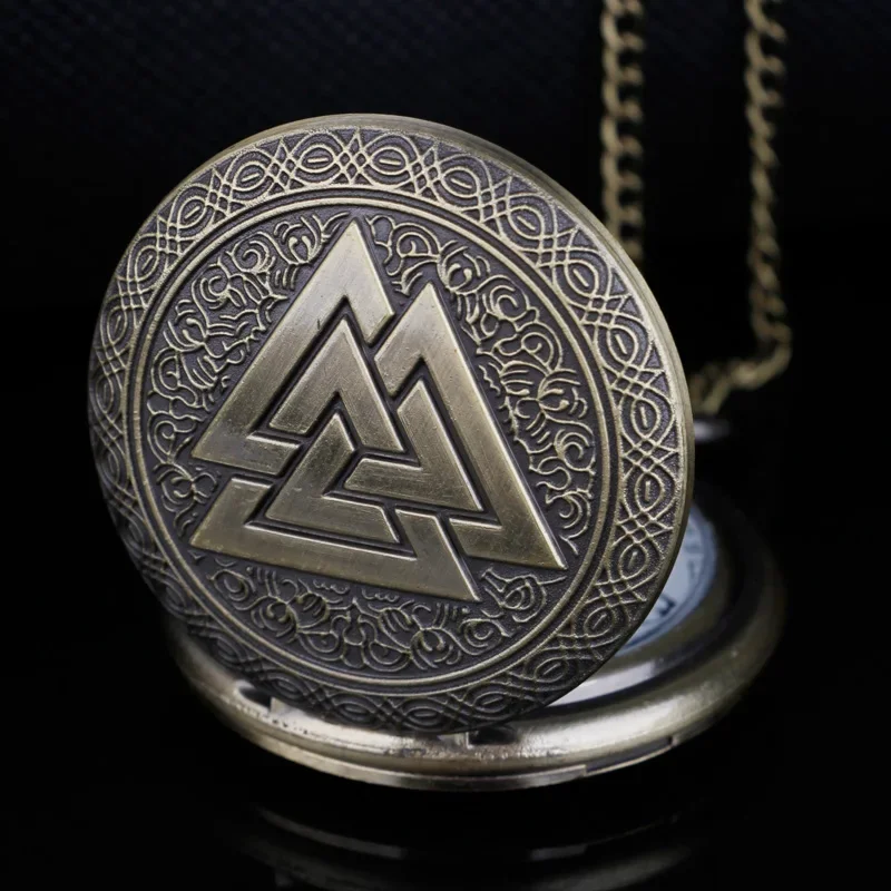 Bronze Vintage Norse Viking Pocket Watch Pendant Triangle Valknut Quartz Clock Chain Fine Charm Gifts Ideal For Both Men Women