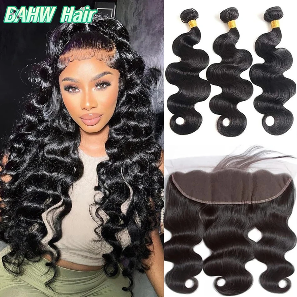 13X4 Lace Frontal Closure With Body Wave Human Hair Bundles Peruvian Hair Weave 3 Bundles With Frontal Virgin Hair Extensions