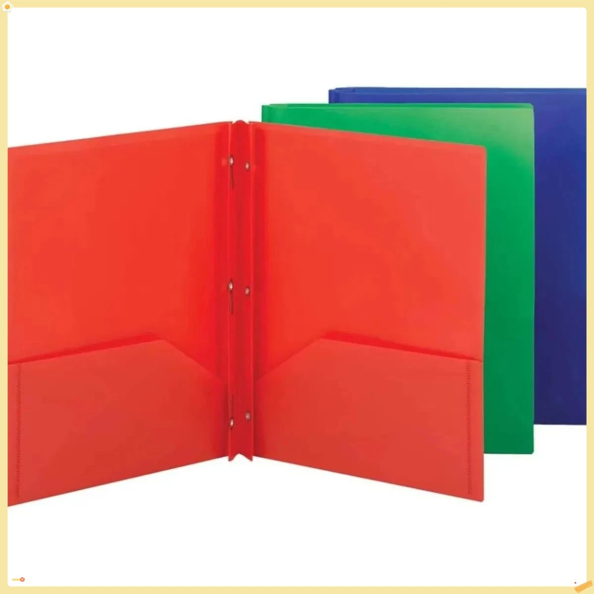 

Two-Pocket Folder, Three-Hole Punch Prong Fasteners, Letter Size, Assorted Colors, 3 per Pack
