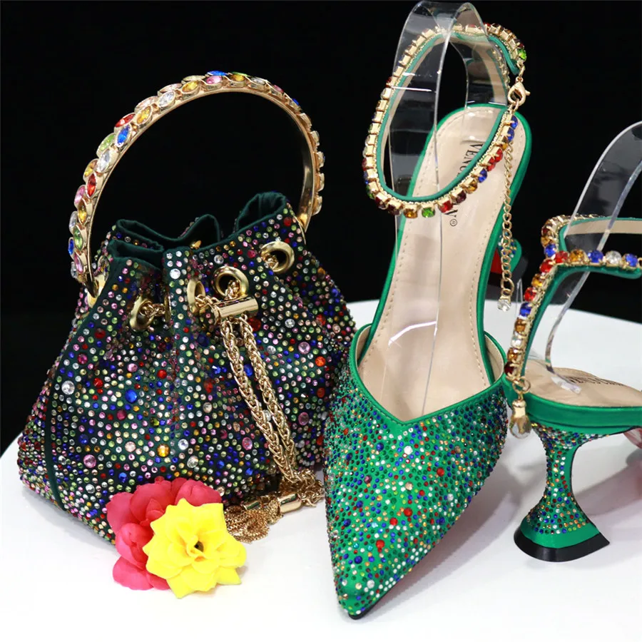 Luxury Purple Women Shoes And Bag Set Ladies High Heels Stones Pumps Match With Handbag High Heels Sandals Escarpins Femme CR582