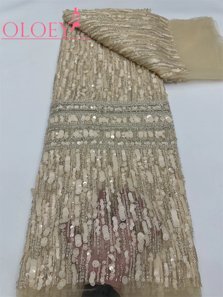 OLOEY  African Beaded Lace Fabric  High-Quality Nigerian Tulle Mesh Sequined Lace Fabric Suitable for Sewing Women's Garment