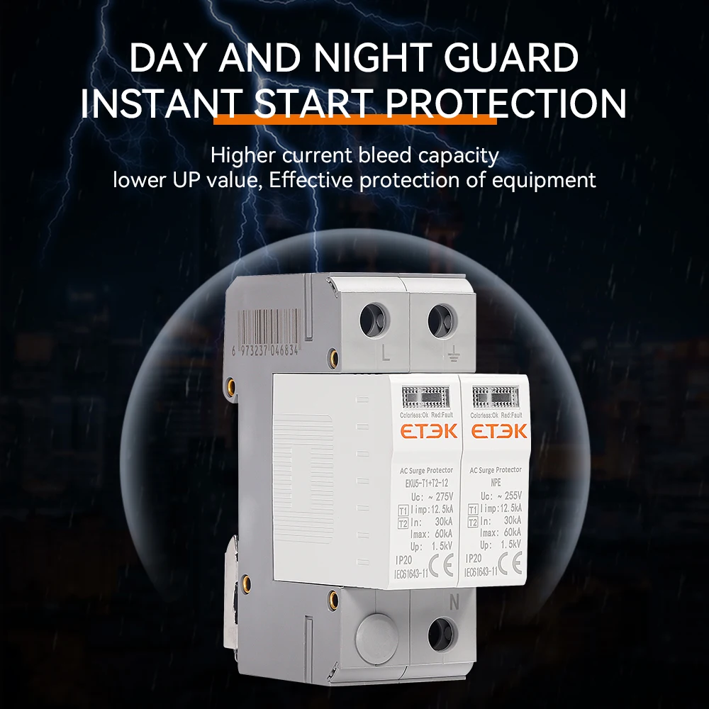 ETEK SPD Type T1+T2 House Lightning Surge Protective Device Protector Arrester Protection 2P 4P 1P+NPE 3P+NPE EKU5