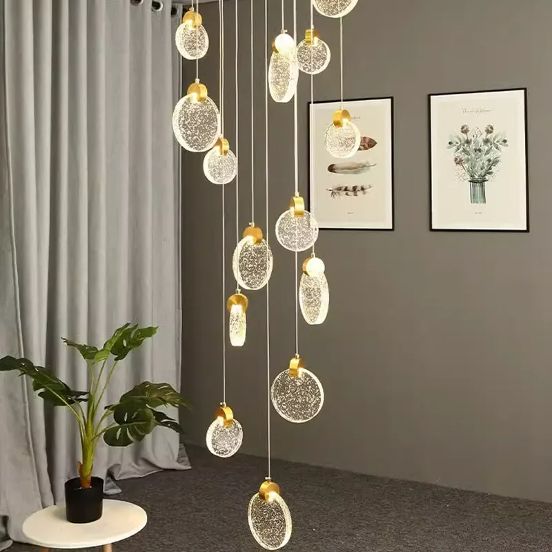 Modern Luxury Crystal Staircase LED Chandelier Lighting Nordic Art Duplex Building Villa Loft Golden Round Crystal Hanging Light