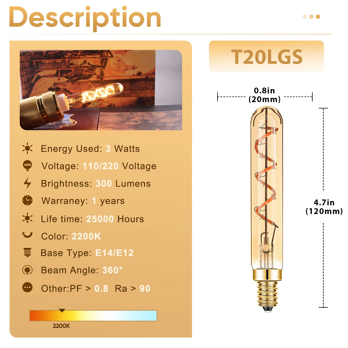 Vintage Dimmable Tubo Longo Lâmpada LED, Pingente Âmbar Interior, Wam Branco, Filamento Retro, Decoração Leve, E27, E14, T20, 220V, E12, 110V, 3W