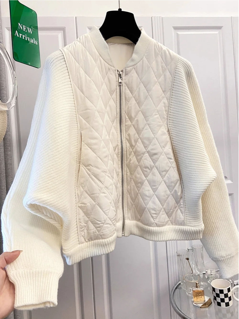 

Korean Sle Knitted Patchwork Diamond Pattern Stand Collar Zipper Jaet Cotton Coat Women's Autumn Winter Faion Loose War...