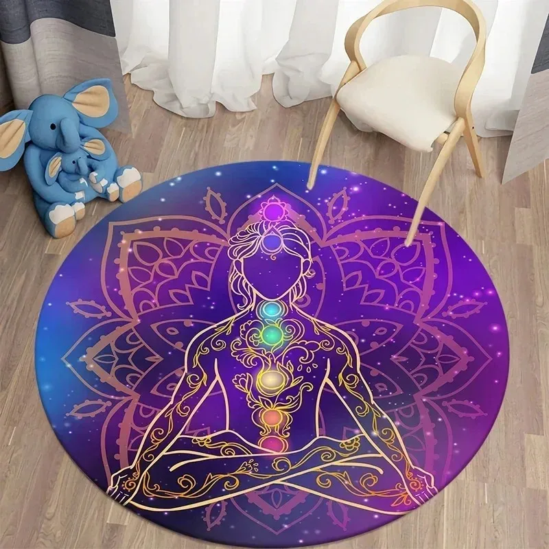 Yoga Round Rug Psychedelic Heart Chakra Printed Carpet Living Room Lounge Bedside Floor Mat Non Slip Gothic Decor