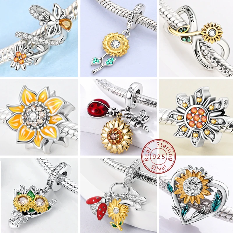 New 925 Sterling Silver Charms Pendant Sunflowers Heart Beads Fit Original Pandora Bracelets Charm DIY Jewelry Gifts Making