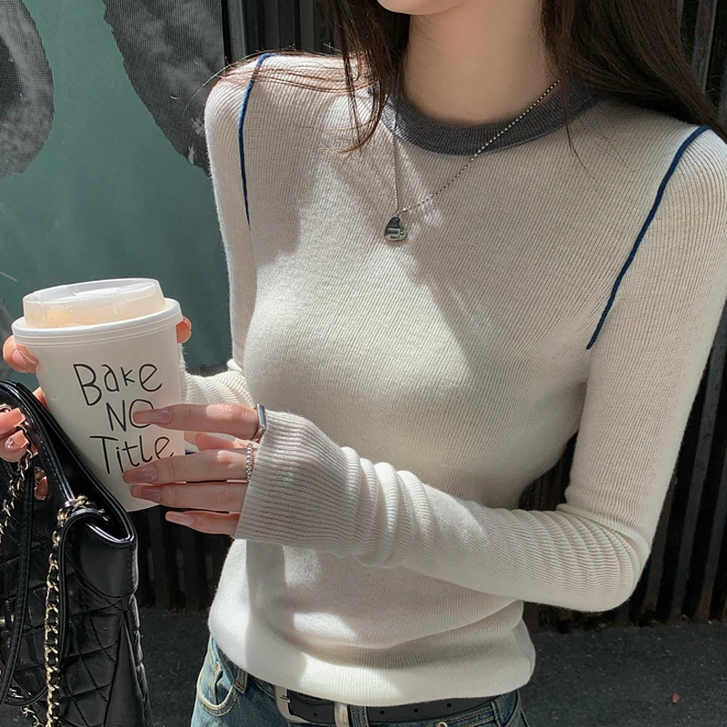 

Soft Slim Fit Versatile Basic Sweater Women's Contrasting Color O-neck Long Sleeve Knitted Shirt Autumn Thin Knit Pullover 31237
