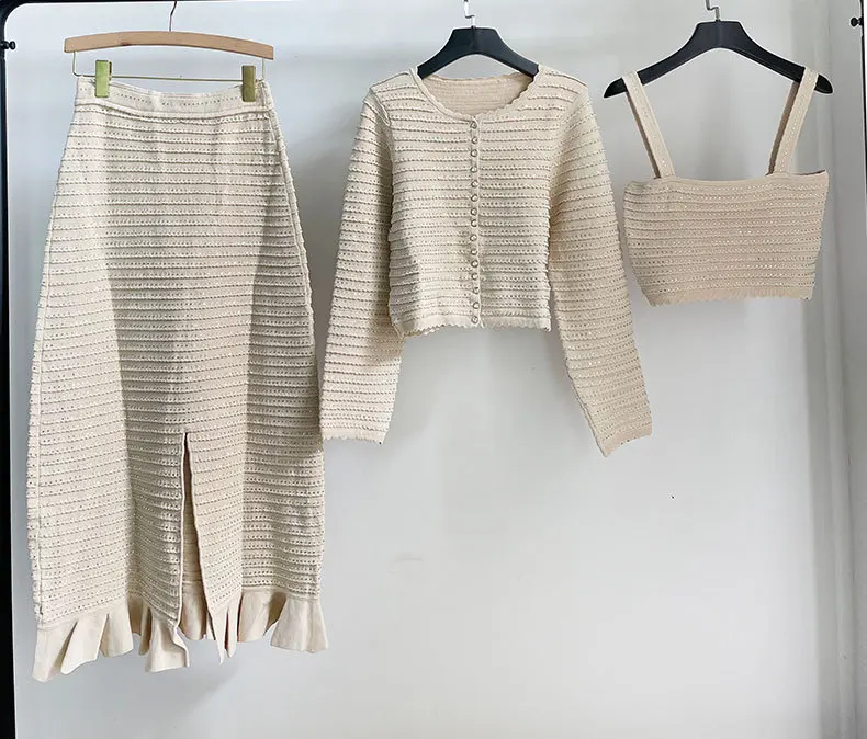 

2025 Spring New Women Hot Diamond Cardigan Vest Elegant French Sleeveless Tank Top High Waist Ruffles Hem Midi Skirt Female