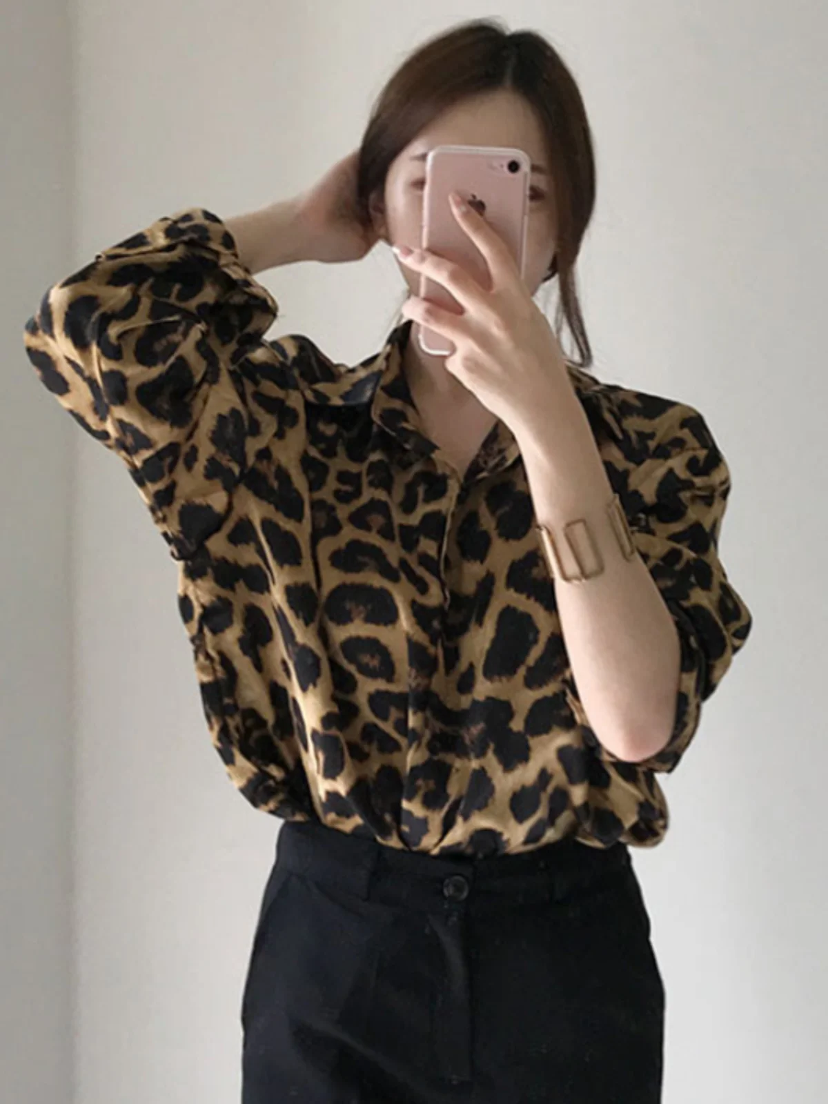 Retro Hong Kong Sle Women's Long Sve Leopard Print irt Spring Autumn Loose Fit Versatile Casual Top Korean Straight Cut
