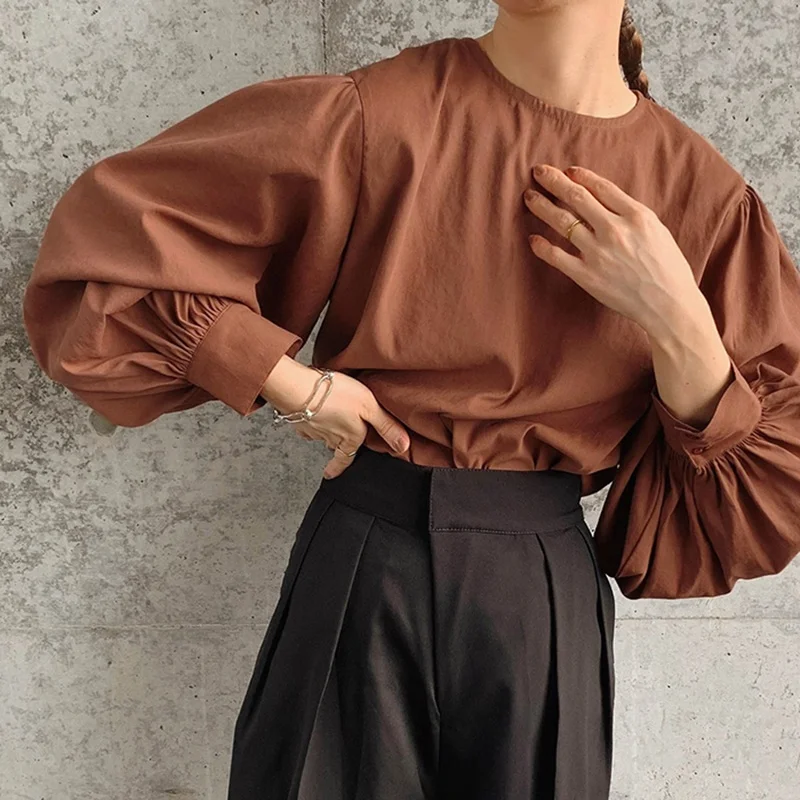 Lanterne ample Sve ronde Ne irt coton femme Faion automne nouveau Sle coupe confortable japonais Sle haut surdimensionné