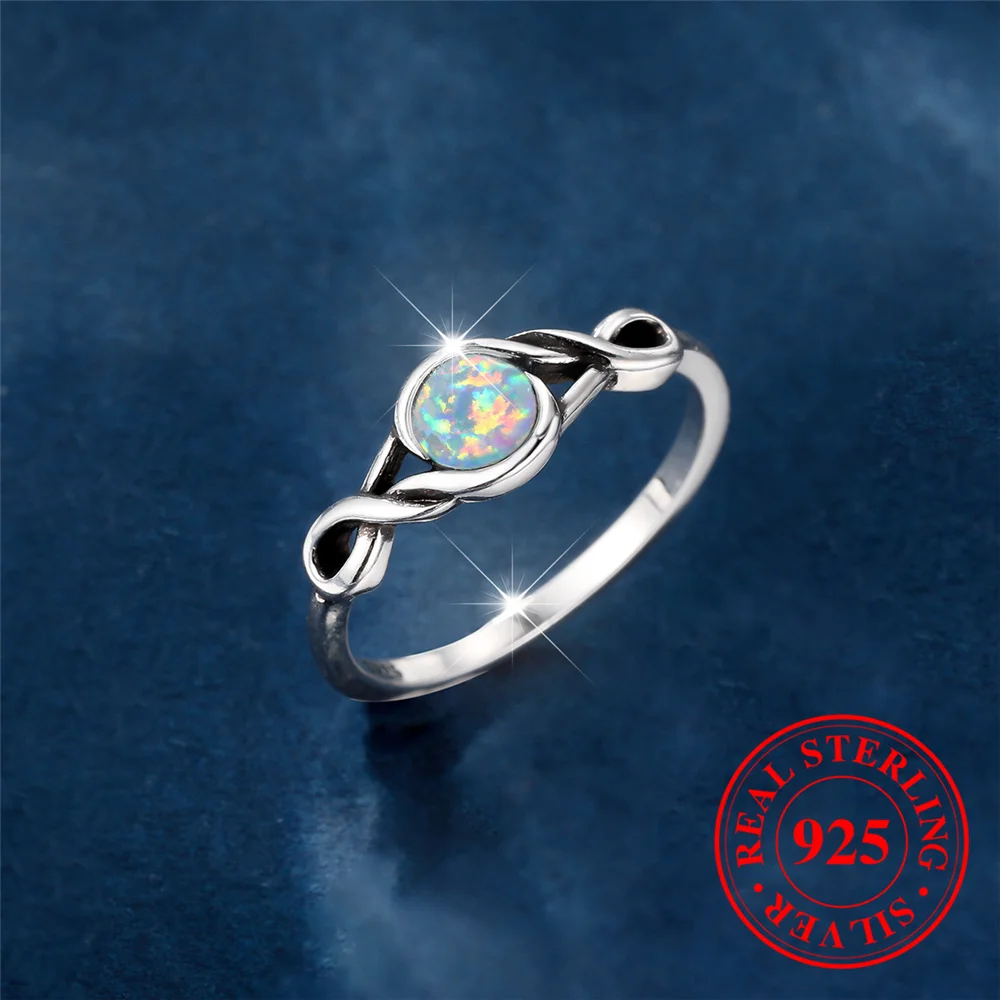 Female Cute Natural White Fire Opal Stone Round Infinity Ring Vintage Real 925 Sterling Silver Wedding Jewelry For Women