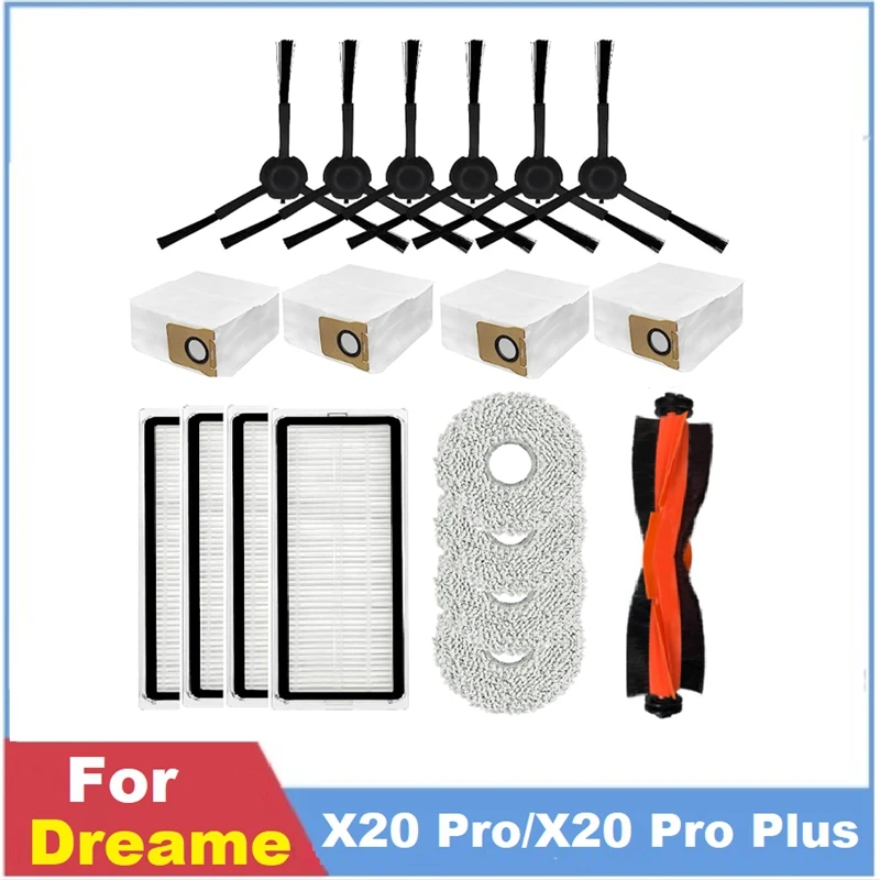 1 Set Replacement Parts For Dreame X20 Pro/X20 Pro Plus Robot Vacuum Cleaner Parts Main Side Brush Filter Mop Cloth Dust Bag