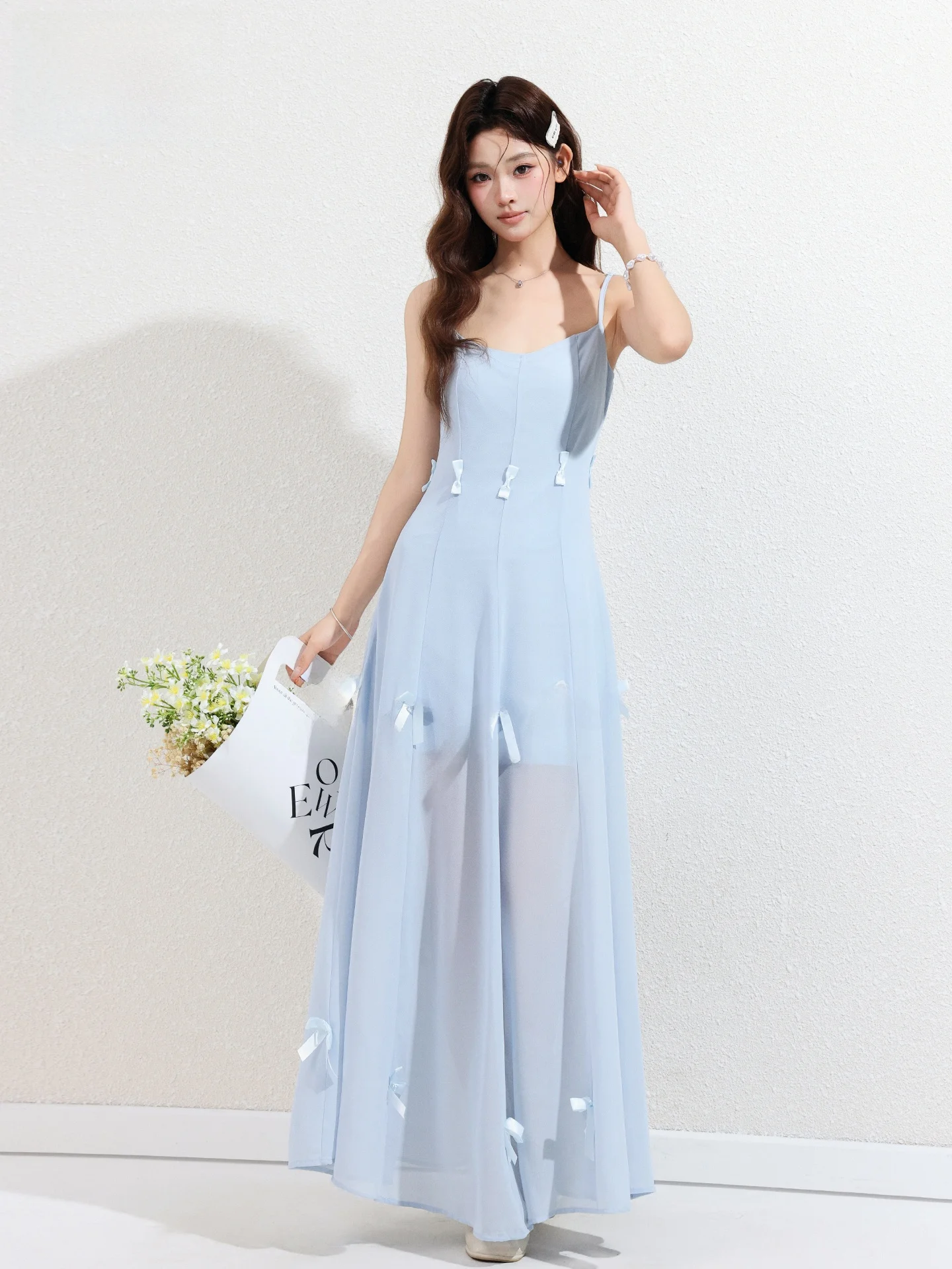 

Blue Design Sense Strap Dress Women's A-Line Long Skirt Summer Knot Waist Cinched Dresses Commute Style High Waist