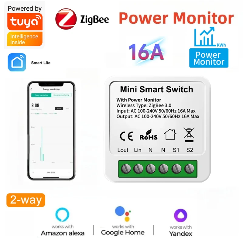 

Модуль умного переключателя Tuya 16A ZigBee с монитором мощности, двухсторонний выключатель управления, работает с приложением Alexa Google Home Smart Life