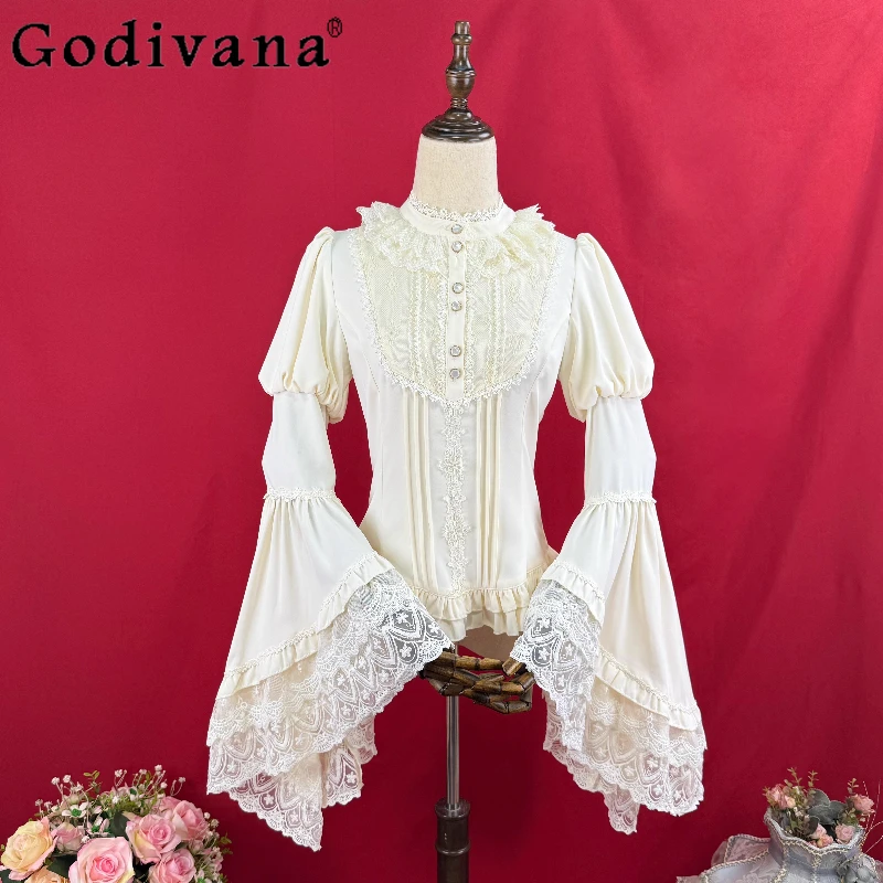 Lolita อารมณ์ Big Flare Sleeve Elegant Stand-up COLLAR เสื้อ 2025 สาวใหม่ Ruffles ลูกไม้หวาน SLIM FIT ลดอายุ TOP