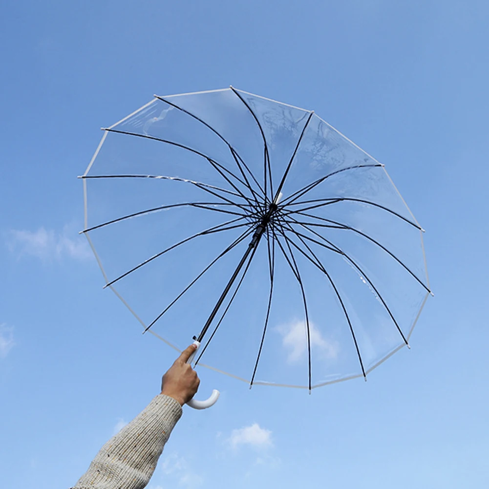 Przezroczysty parasol z długim uchwytem, przezroczysty parasol z uchwytem J Stick na deszcz, modny parasol z 16-ebrowanymi automatycznie otwieranymi