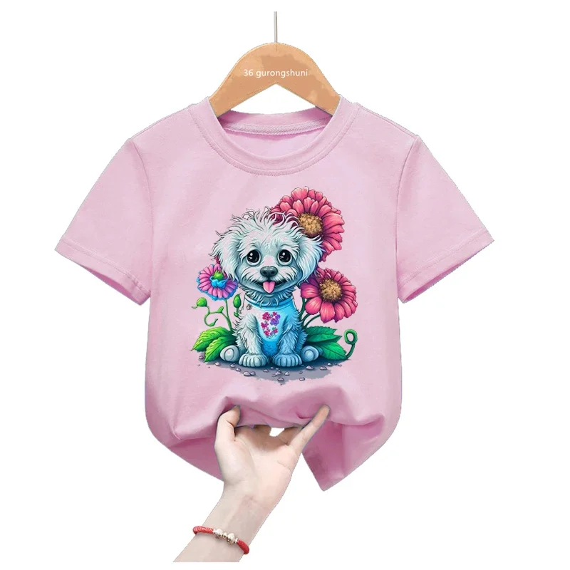 Lovely Dogs Pet Kids Clothes Puppy/Dachshund /Pug/Boston Terrier/Greyhound Print Pink T Shirt Girls/Boys Harajuku Shirt