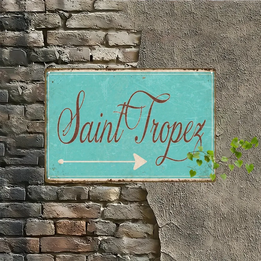 Tin Sign - Saint Tropez Arrow Vintage Durable Metal Plaque Wall Decor, Home Beach Cafe Bedroom Wall Art