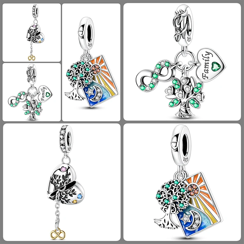 3-teiliges 925 Sterling Silber Lebensbaum-Charm-Set Familienbaum Herz Mond Sonne Schmetterling DIY Original Armband Halskette für Frauen – Detail 6