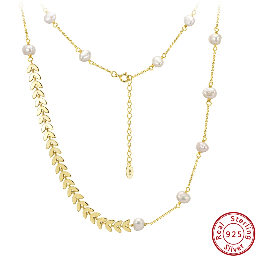 

Kiss Mandy Elegant Real Pearl Chic Exquisite Necklace Fashion 925 Sterling Silver Leaf Charm Choker Chain Daily Wear Party GPN88