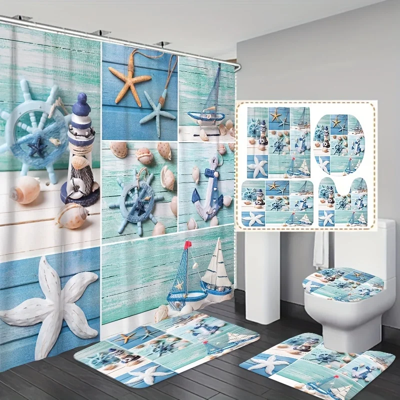 1/3/4pcs Ocean Grid Printed Shower Curtain Set, Decorative Bathroom Set Including Waterproof Shower Curtain With Hooks, Non-slip