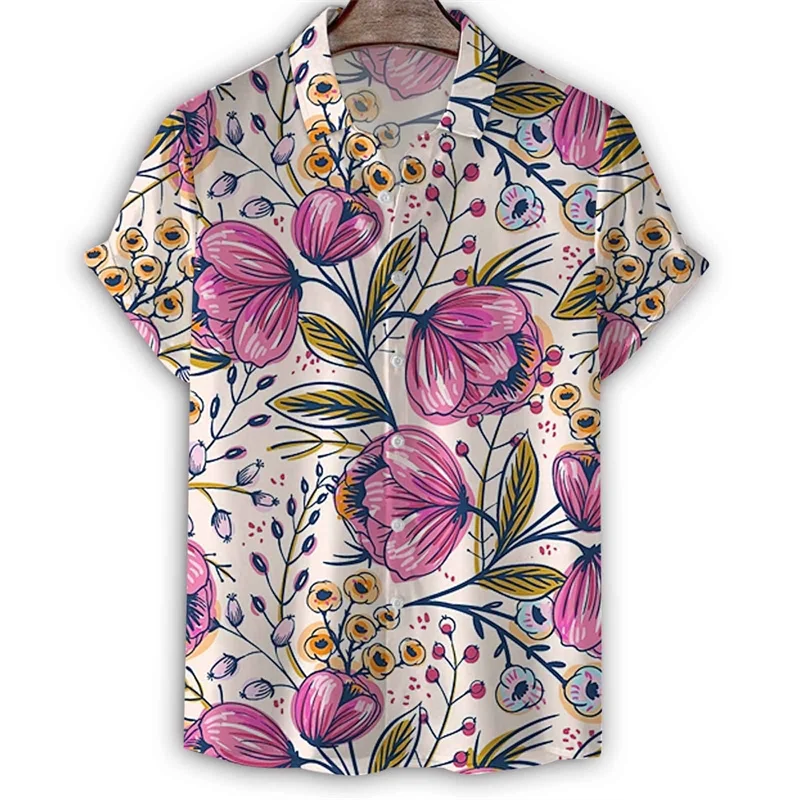 Zomer Bloemenpatroon Korte Mouwen Mode 3d Print Planten Hawaiian Shirt Voor Heren Revers T-Shirts Knoop Blouse Tops Kleding