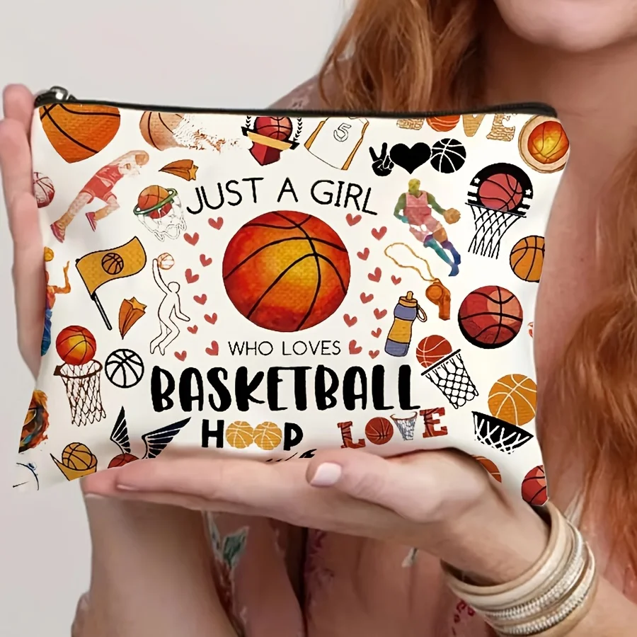 Just A Girl Basketball Patters Cosmetic Travel Toiletry Bag with Zipper Makeup Bags Women Pen Case Ladies Best Gift for Friends