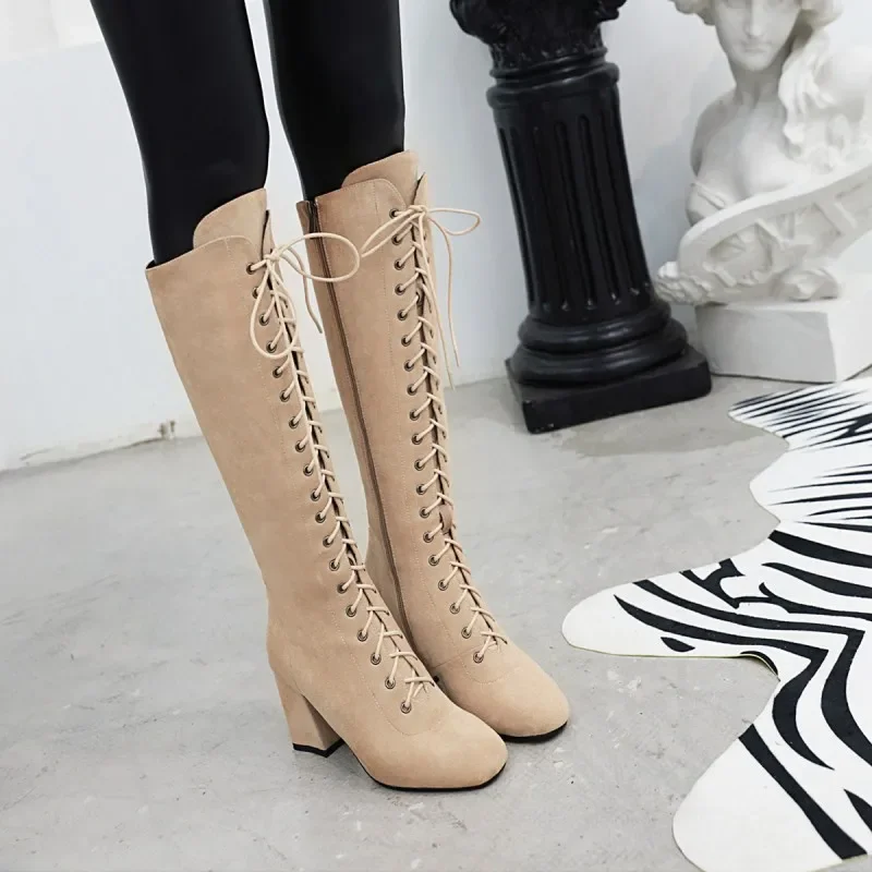 Oversize Large size Big size High quality autumn and winter women\'s shoes Square toes Thick Heel Lace-up cowboy boots