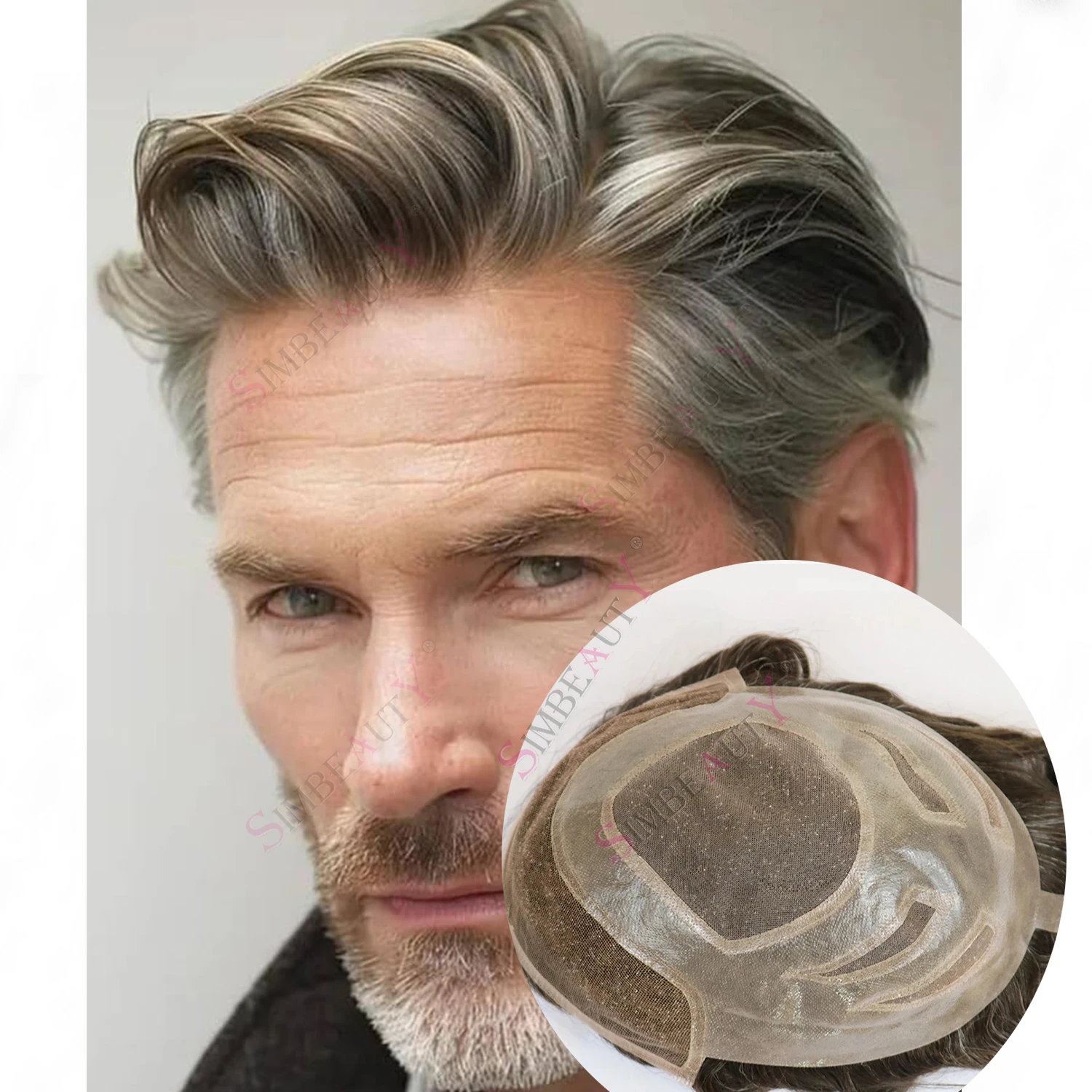 

Ненаружимые мужские 565р # Серый парик для старика Prothesi Versalite, невидимый мягкий швейцарский кружевной передний и полиуретановая основа, мужской парик, система человеческих волос