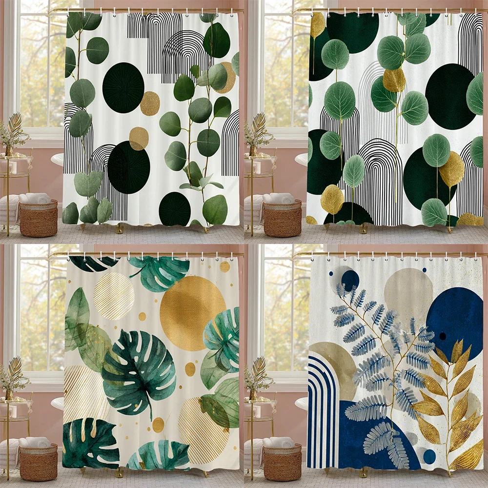 Palm Leaf Shower Curtain, Floral Botanical Tropical Plant Art Deco Bathroom Decorative Shower Curtain, Print Curtain with Hooks
