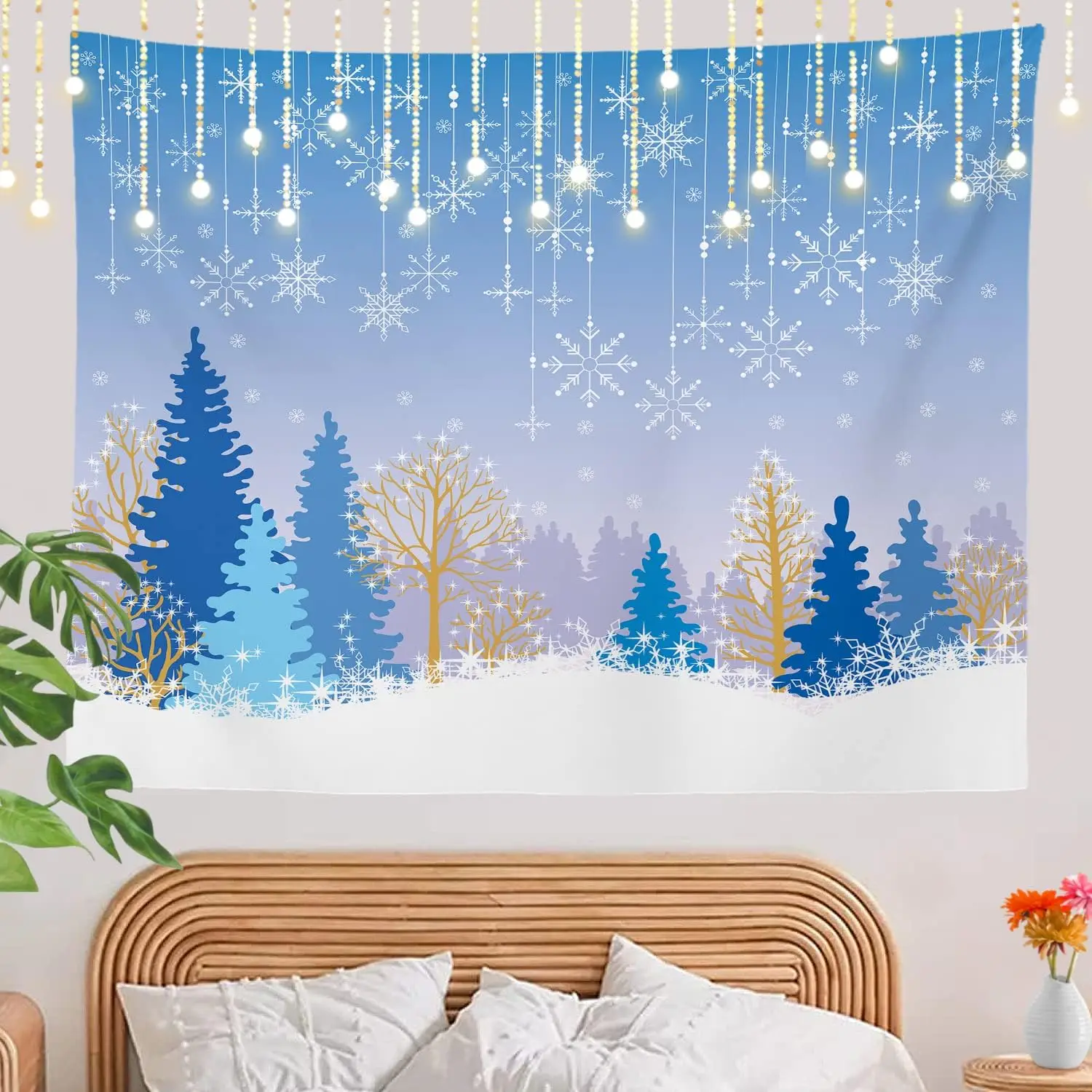 Snow Winter Forest Wall Tapestry,Blue Christmas Cold Forest Holiday Wall Hanging Large Tapestry Decoration Polyester Fiber White