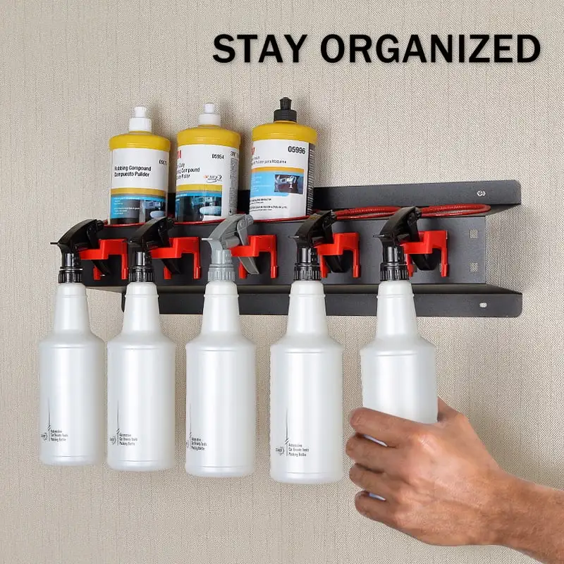Kaimingweb Spray Bottle Storage Rack Holder, Wall-mounted Garage Bottle Organizer with 5 Plastic Hanging Hooks