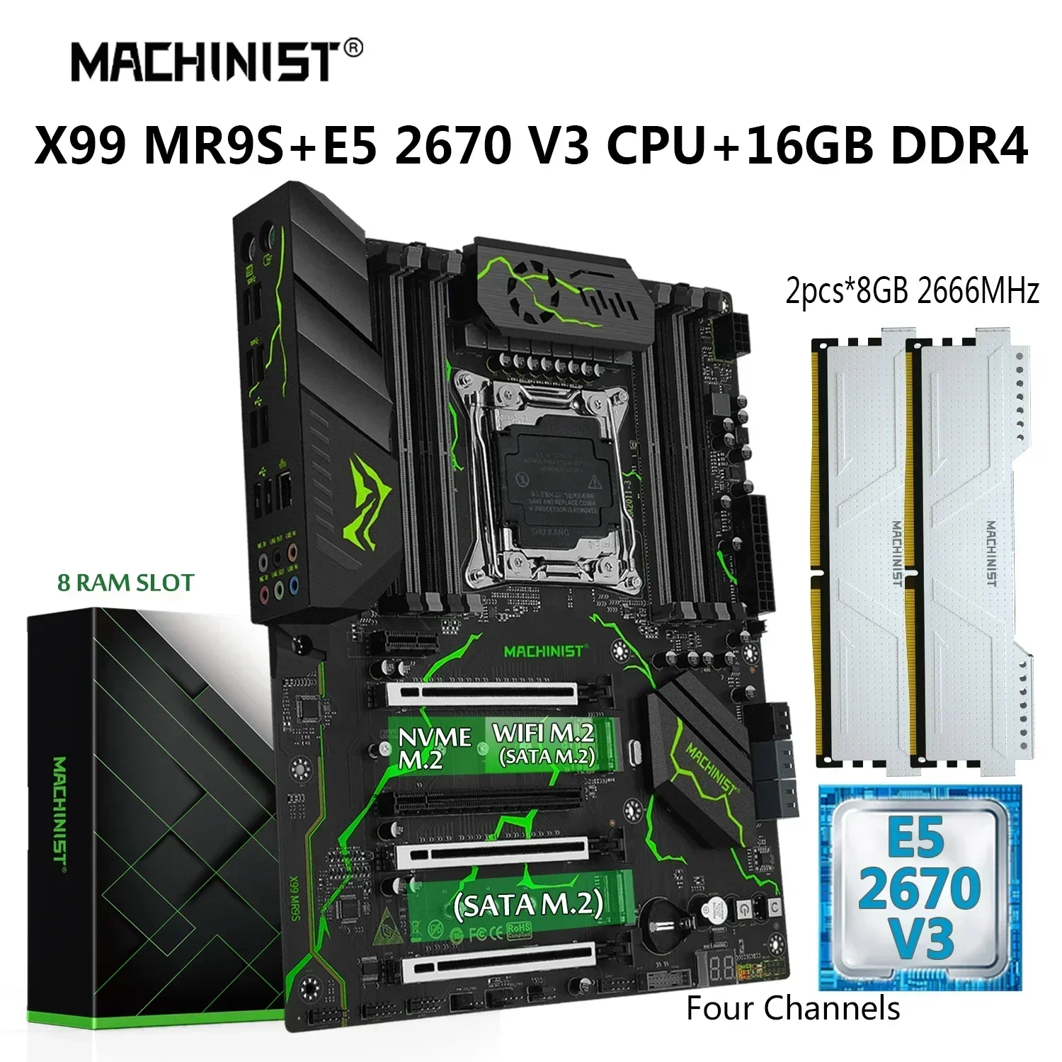 MACHINIST MR9S X99 Motherboard Set Kit Xeon E5 2670 V3 Processor LGA 2011-3 CPU 16GB=2*8G DDR4 RAM 2666Mhz Memory NVME M.2 SATA