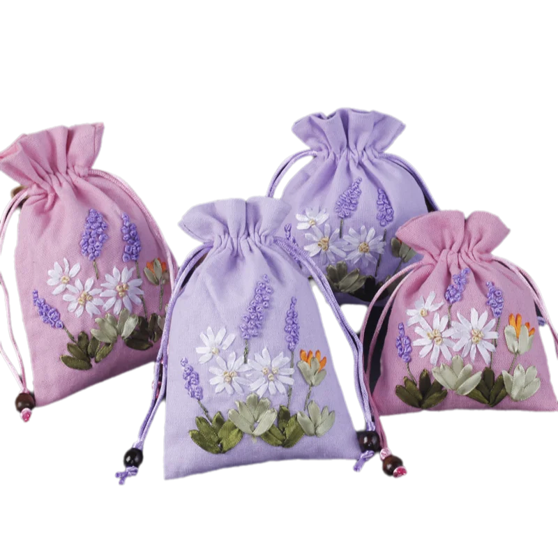 10Pcs Handmade Ribbon Embroidery Small Linen Cloth Bags for  Jewelry Packaging Drawstring Pouch Empty Sachet lavender Storage