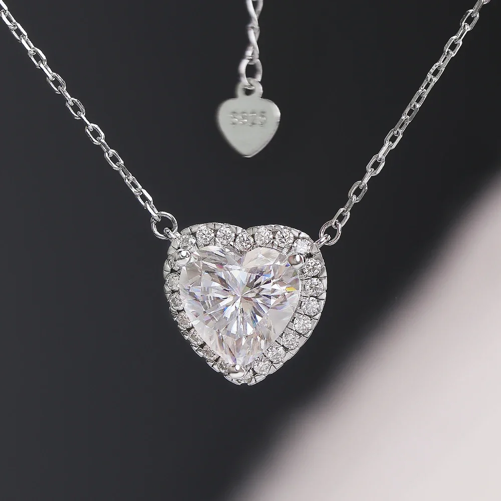 BXINY 1/2/3/4Carat Heart Cut Full Moissanite Necklaces S925 Silver Halo Diamond Pendant for Women Wedding Jewelry Gifts with GRA